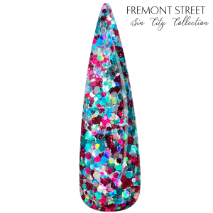 Diplomatiq - nail swatch dip color with bold pink/red, blue, and silver holographic mini hex glitter - Fremont Street is part of the Sin City Collection
