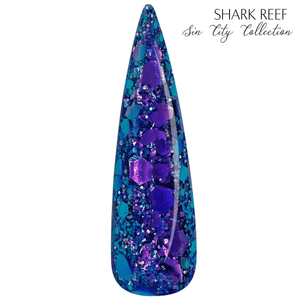 Diplomatiq - nail swatch dip color with color shifting bold blue and purple glitter - Shark Reef is part of the Sin City Collection