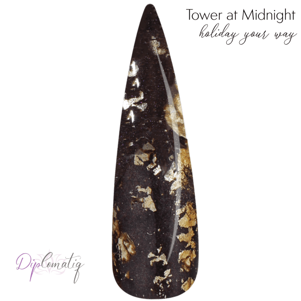 Tower at Midnight nail dip swatch color brown black base with gold foil part of Holiday Your Way collection